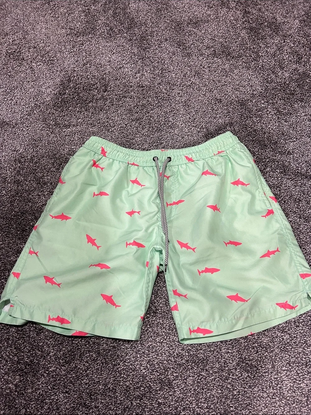 Mint Green Swim Trunks with Pink Shark Print